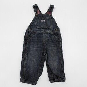 OshKosh B'gosh Overalls Baby 9 Months Blue Denim Plaid Lined Cargo Snaps